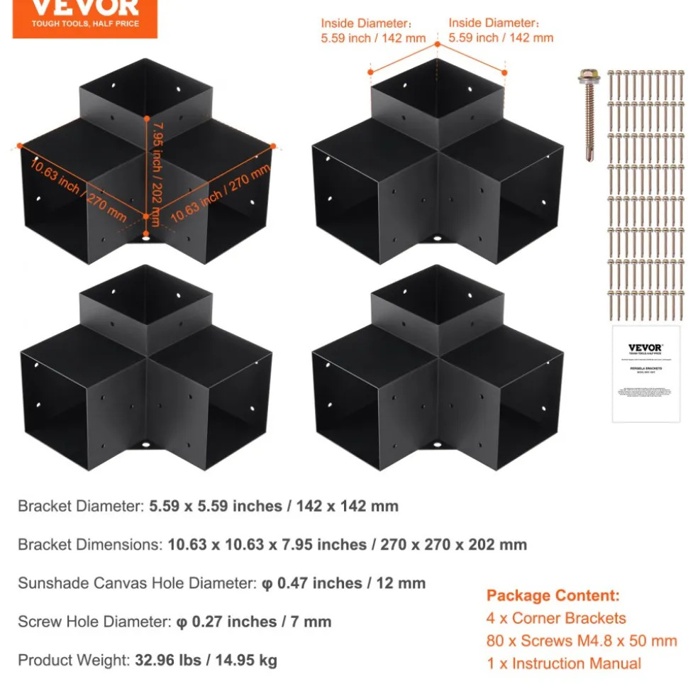 VEVOR Pergola Bracket Kit 6''x6''(Inner Size 5.6x5.6), 4pcs 3-Way Heavy Duty Corner Bracket Woodworks DIY Post Base Kit, Easy Installation Wooden Beams for Gazebos, Patio Pergolas, Log Cabin Outdoor