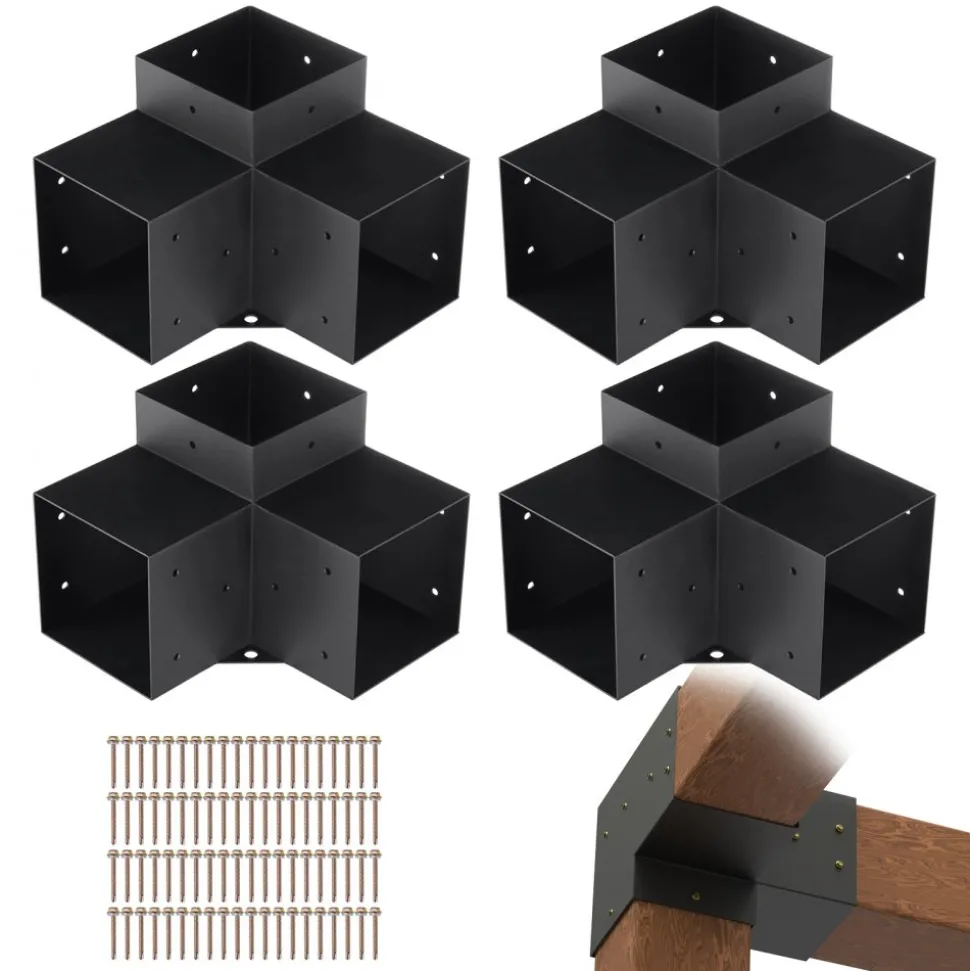 VEVOR Pergola Bracket Kit 6''x6''(Inner Size 5.6x5.6), 4pcs 3-Way Heavy Duty Corner Bracket Woodworks DIY Post Base Kit, Easy Installation Wooden Beams for Gazebos, Patio Pergolas, Log Cabin Outdoor