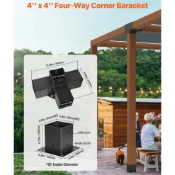 VEVOR Pergola Bracket Kit, 4x4 Inch (Inner Size 3.5x3.5), 2 Pcs 4-Way Heavy Duty Corner Bracket Woodworks DIY Post Base Kit, Easy Installation Wooden Beams for Gazebos, Patio Pergolas, Log Cabin