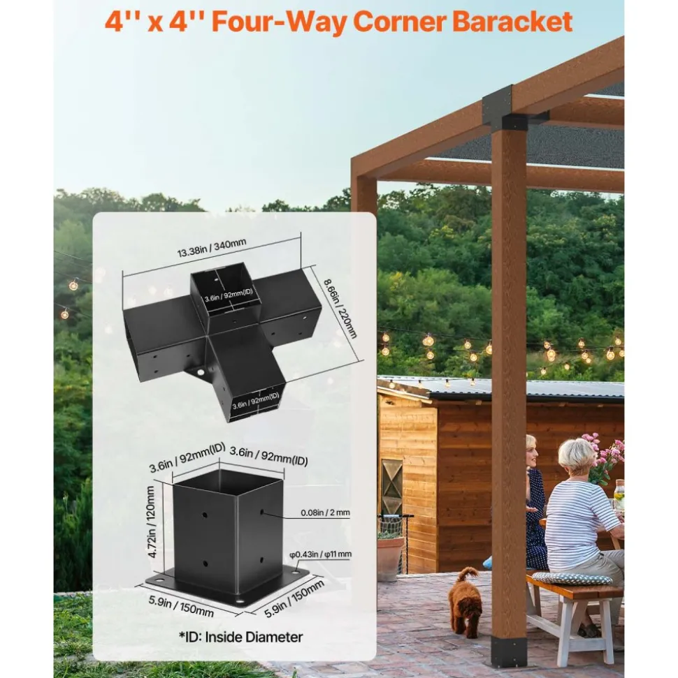 VEVOR Pergola Bracket Kit, 4x4 Inch (Inner Size 3.5x3.5), 2 Pcs 4-Way Heavy Duty Corner Bracket Woodworks DIY Post Base Kit, Easy Installation Wooden Beams for Gazebos, Patio Pergolas, Log Cabin
