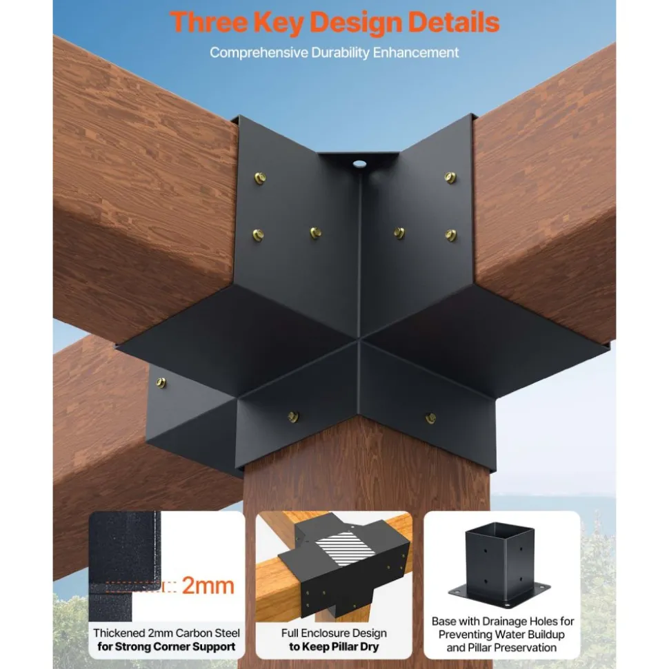 VEVOR Pergola Bracket Kit, 4x4 Inch (Inner Size 3.5x3.5), 2 Pcs 4-Way Heavy Duty Corner Bracket Woodworks DIY Post Base Kit, Easy Installation Wooden Beams for Gazebos, Patio Pergolas, Log Cabin