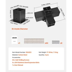 VEVOR Pergola Bracket Kit, 4x4 Inch (Inner Size 3.5x3.5), 2 Pcs 4-Way Heavy Duty Corner Bracket Woodworks DIY Post Base Kit, Easy Installation Wooden Beams for Gazebos, Patio Pergolas, Log Cabin