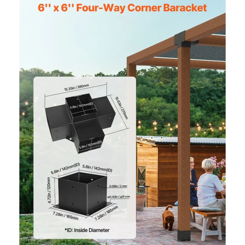 VEVOR Pergola Bracket Kit, 6x6 Inch (Inner Size 5.5x5.5), 2 Pcs 4-Way Heavy Duty Corner Bracket Woodworks DIY Post Base Kit, Easy Installation Wooden Beams for Gazebos, Patio Pergolas, Log Cabin