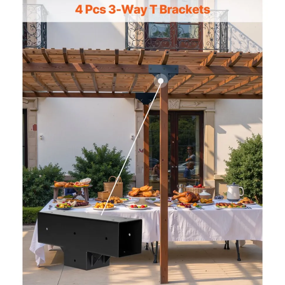 VEVOR Pergola Kit 4-Pack, T-Shaped 4x4 (Actual 3.5x3.5 Inch), 3-Way Pergola Brackets DIY Woodworking Gazebo Bracket Kit with Screws for 3.5x3.5 Inch Wood Beams in Actual Size for Outdoor Party Banquet