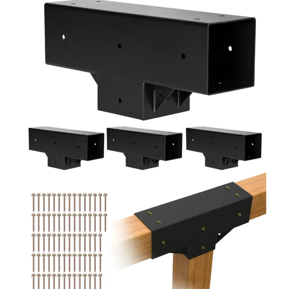 VEVOR Pergola Kit 4-Pack, T-Shaped 4x4 (Actual 3.5x3.5 Inch), 3-Way Pergola Brackets DIY Woodworking Gazebo Bracket Kit with Screws for 3.5x3.5 Inch Wood Beams in Actual Size for Outdoor Party Banquet