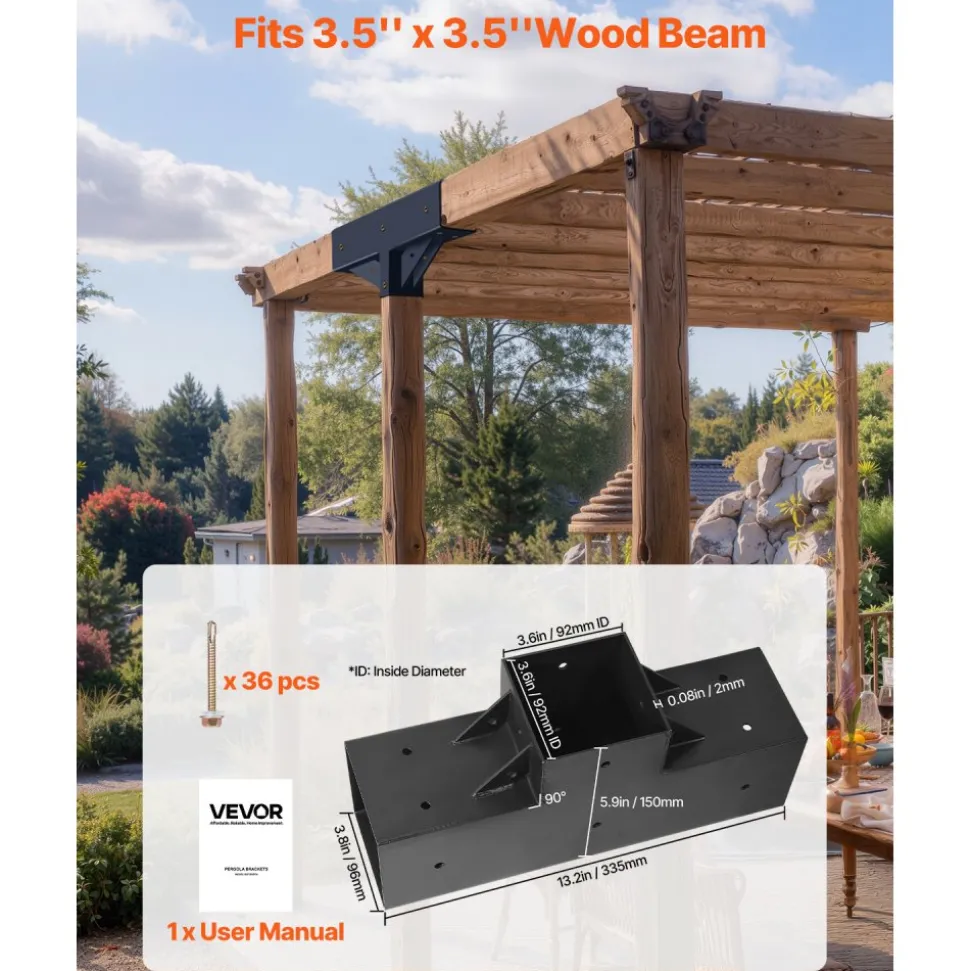 VEVOR Pergola Kit 2-Pack, T-Shaped 4x4 (Actual 3.5x3.5 Inch), 3-Way Pergola Brackets DIY Woodworking Gazebo Bracket Kit with Screws for 3.5x3.5 Inch Wood Beams in Actual Size for Outdoor Party Banquet