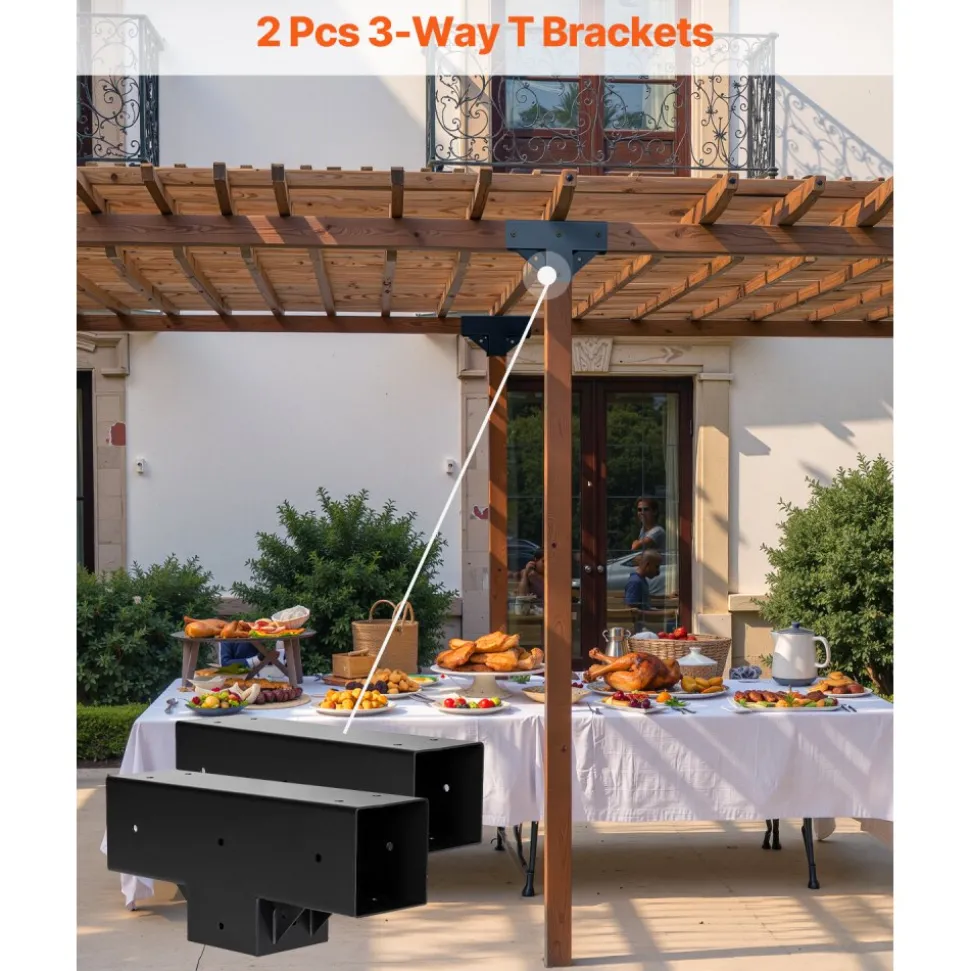 VEVOR Pergola Kit 2-Pack, T-Shaped 4x4 (Actual 3.5x3.5 Inch), 3-Way Pergola Brackets DIY Woodworking Gazebo Bracket Kit with Screws for 3.5x3.5 Inch Wood Beams in Actual Size for Outdoor Party Banquet