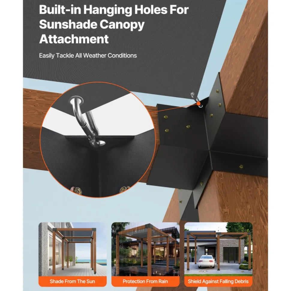 VEVOR Pergola Kit, 4x4 Inch Pergola Brackets for 3.5x3.5 Inch Wood Beams in Actual Dimension, 3-Way (4 Pcs) and 4-Way (2 Pcs) Gazebo Brackets with 6 Post Bases, for Outdoor Pergolas, Gazebos, Sheds