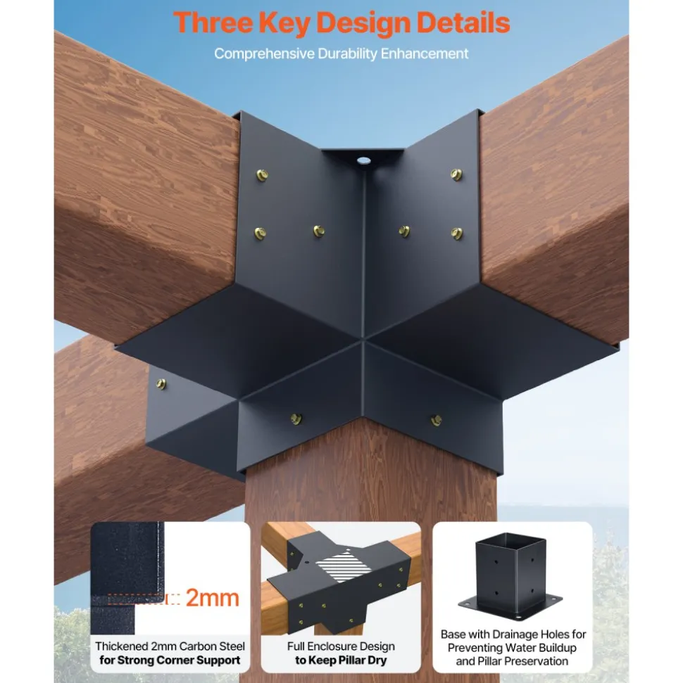 VEVOR Pergola Kit, 4x4 Inch Pergola Brackets for 3.5x3.5 Inch Wood Beams in Actual Dimension, 3-Way (4 Pcs) and 4-Way (2 Pcs) Gazebo Brackets with 6 Post Bases, for Outdoor Pergolas, Gazebos, Sheds