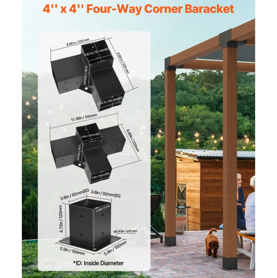 VEVOR Pergola Kit, 4x4 Inch Pergola Brackets for 3.5x3.5 Inch Wood Beams in Actual Dimension, 3-Way (4 Pcs) and 4-Way (2 Pcs) Gazebo Brackets with 6 Post Bases, for Outdoor Pergolas, Gazebos, Sheds