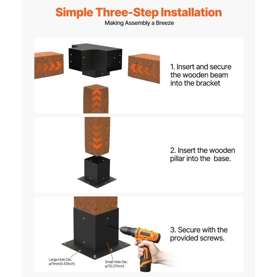 VEVOR Pergola Kit, 4x4 Inch Pergola Brackets for 3.5x3.5 Inch Wood Beams in Actual Dimension, 3-Way (4 Pcs) and 4-Way (2 Pcs) Gazebo Brackets with 6 Post Bases, for Outdoor Pergolas, Gazebos, Sheds