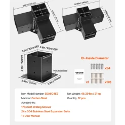 VEVOR Pergola Kit, 4x4 Inch Pergola Brackets for 3.5x3.5 Inch Wood Beams in Actual Dimension, 3-Way (4 Pcs) and 4-Way (2 Pcs) Gazebo Brackets with 6 Post Bases, for Outdoor Pergolas, Gazebos, Sheds
