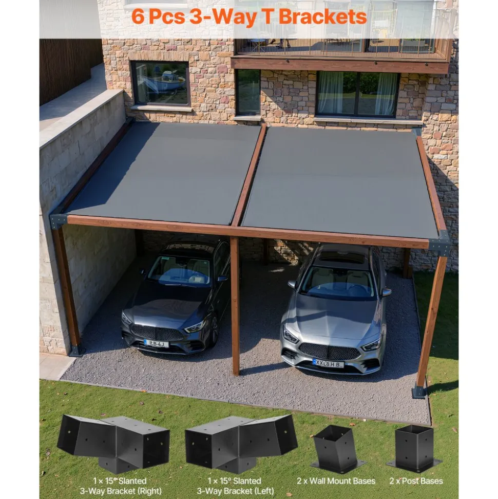 VEVOR Pergola Kit, 4x4 Inch 3-Way Slanted Brackets for 3.5x3.5 Inch Wood Beams in Actual Size, 2-Pack Pergola Brackets with 2 Post Bases and 2 Wall Mount Bases, for Outdoor Pergolas, Gazebos, Sheds