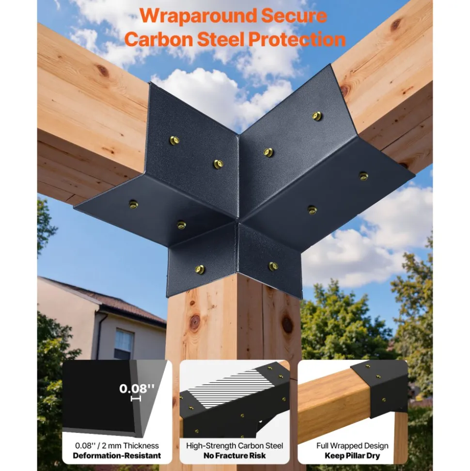 VEVOR Pergola Kit, 4x4 Inch 3-Way Slanted Brackets for 3.5x3.5 Inch Wood Beams in Actual Size, 2-Pack Pergola Brackets with 2 Post Bases and 2 Wall Mount Bases, for Outdoor Pergolas, Gazebos, Sheds