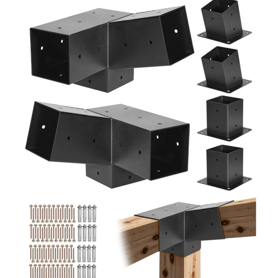 VEVOR Pergola Kit, 4x4 Inch 3-Way Slanted Brackets for 3.5x3.5 Inch Wood Beams in Actual Size, 2-Pack Pergola Brackets with 2 Post Bases and 2 Wall Mount Bases, for Outdoor Pergolas, Gazebos, Sheds