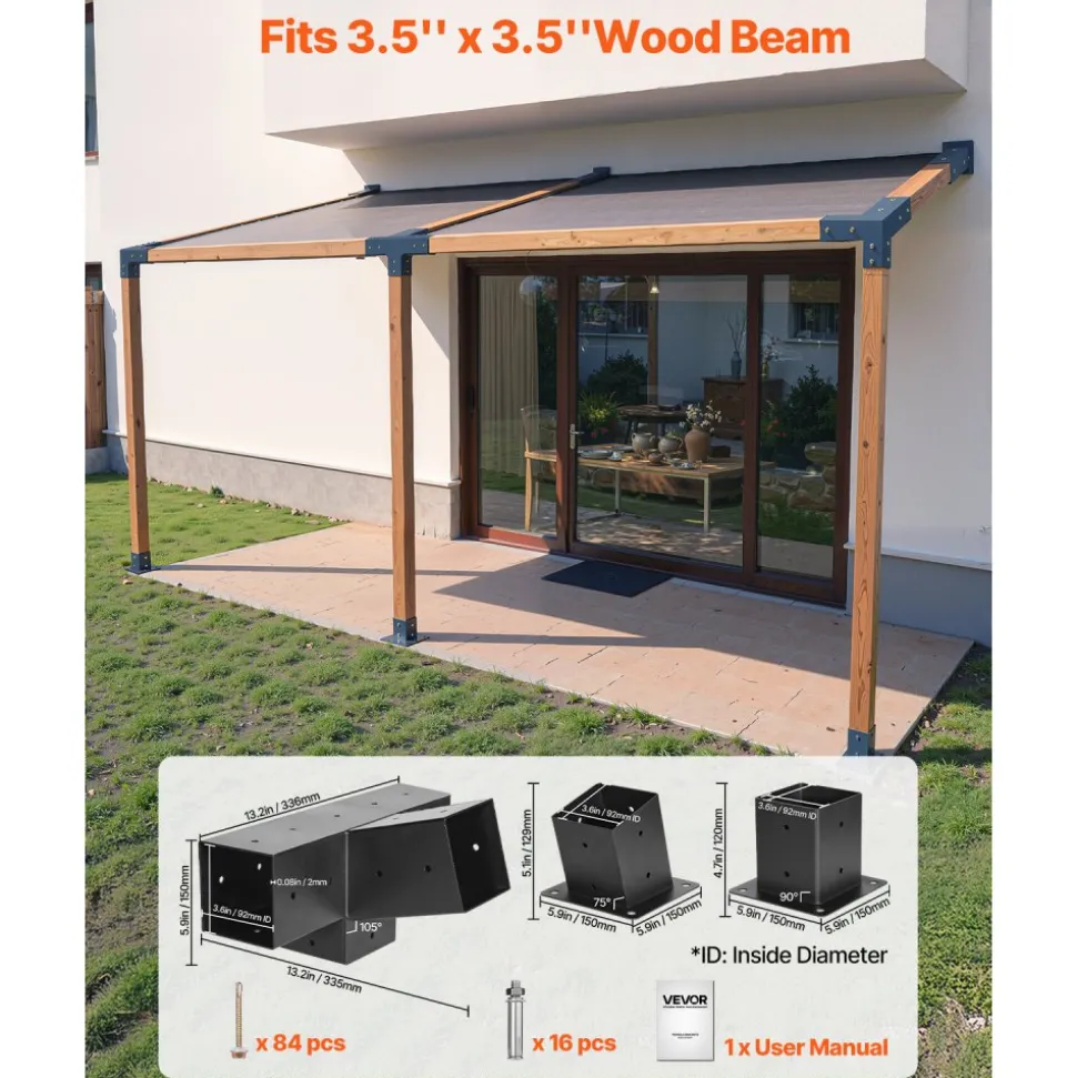 VEVOR Pergola Kit, 4x4 Inch 4-Way Slanted Bracket for 3.5x3.5 Inch Wood Beams in Actual Size, Carbon Steel Pergola Bracket with Post Base and Wall Mount Base, for Outdoor Pergolas, Gazebos, Sheds