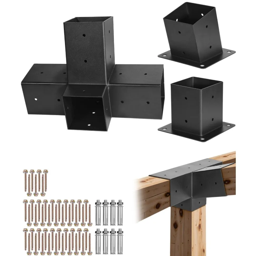 VEVOR Pergola Kit, 4x4 Inch 4-Way Slanted Bracket for 3.5x3.5 Inch Wood Beams in Actual Size, Carbon Steel Pergola Bracket with Post Base and Wall Mount Base, for Outdoor Pergolas, Gazebos, Sheds