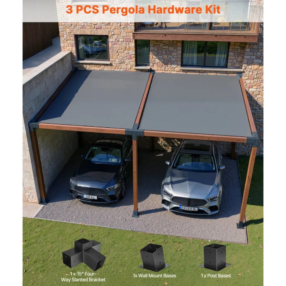 VEVOR Pergola Kit, 4x4 Inch 4-Way Slanted Bracket for 3.5x3.5 Inch Wood Beams in Actual Size, Carbon Steel Pergola Bracket with Post Base and Wall Mount Base, for Outdoor Pergolas, Gazebos, Sheds