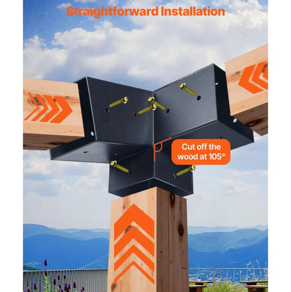 VEVOR Pergola Kit, 4x4 Inch 3-Way Slanted Bracket for 3.5x3.5 Inch Wood Beams in Actual Size, Carbon Steel Pergola Bracket with Screws and Post Bases, for Outdoor Wood Pergolas, Gazebos, Sheds, 8 Pcs