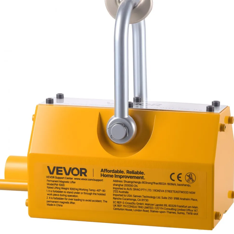 VEVOR Permanent Magnetic Lifter, 2200 lbs Pulling Capacity, Heavy Duty N42 Neodymium Lifting Magnet with Release Handle and Steel Hook, Used in Shop Crane and Hoist, for Lifting Plate Steel, Board