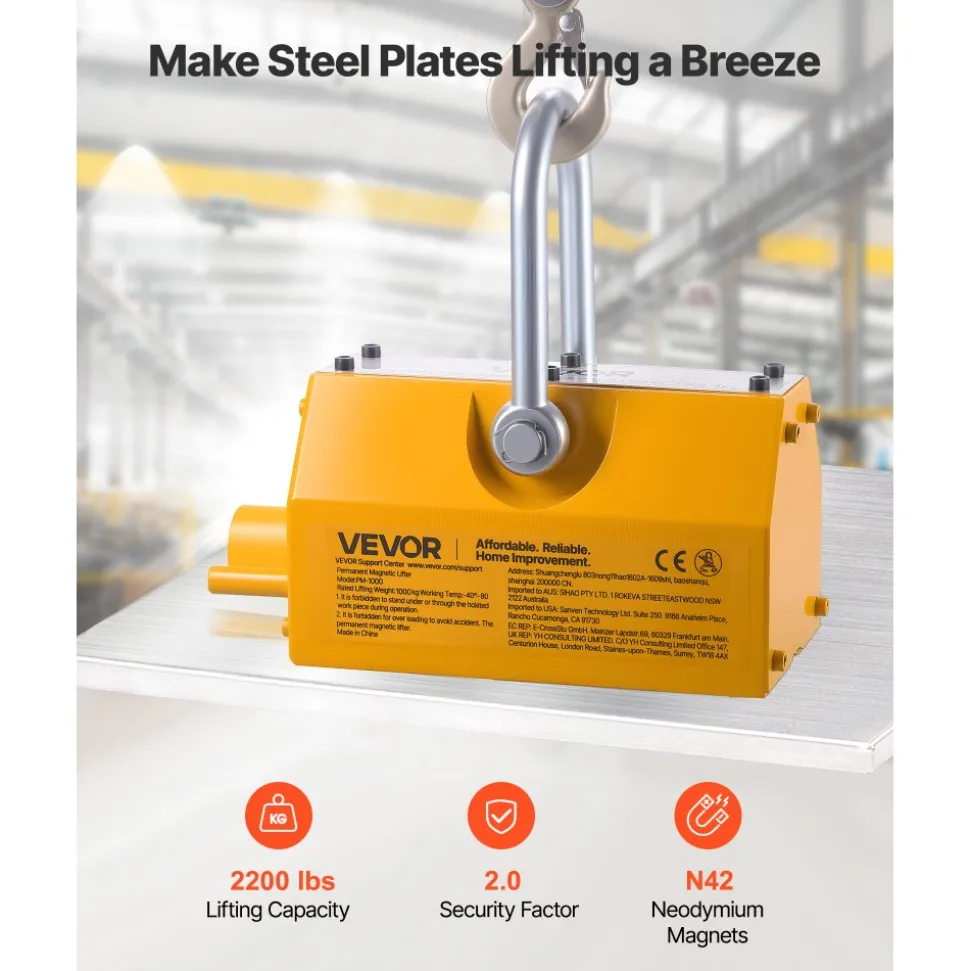 VEVOR Permanent Magnetic Lifter, 2200 lbs Pulling Capacity, Heavy Duty N42 Neodymium Lifting Magnet with Release Handle and Steel Hook, Used in Shop Crane and Hoist, for Lifting Plate Steel, Board