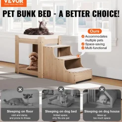 VEVOR Pet Bunk Bed with Stairs, Dog/Cat Window Perch, Multi-Level Bed Window Perch Dog Bedside Sleeper, Lounge Elevated Seat Platform with Foam Cushion,Pet Bed Couch for Bedside Indoor Use (Beige)