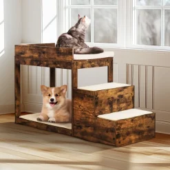 VEVOR Pet Bunk Bed with Stairs, Dog/Cat Window Perch for High Beds and Couches, Medium Multi-Level 3 Step Dog Seat Platform Sleeper Couch, Practical for Modern Homes (Rustic Brown)