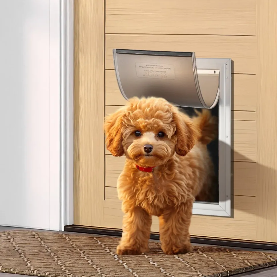 VEVOR Pet Door, 11.3" x 16.02" Aluminum Frame with Lock and Flap System, Weatherproof Doggy Door, Easy to Install in Interior or Exterior Doors, Pet Door Suitable for Cat Doggie Kitties (White-M)