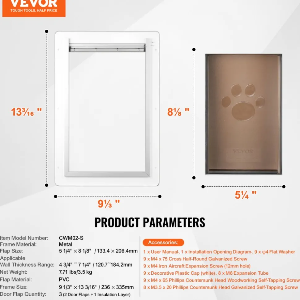 VEVOR Pet Door, 9.29" x 13.19" Metal Frame with Lock and 3-Flap System, Weatherproof Doggy Door, Easy to Install in Interior or Exterior Walls, Pet Door Suitable for Cat Doggie Kitties (White-Small)