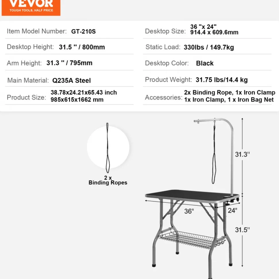 VEVOR Pet Grooming Table Arm with Clamp, 36''x24'' Dog Grooming Station, Foldable Pets Grooming Stand for Medium and Small Dogs, Free No Sit Haunch Holder with Grooming Loop, Bearing 330lbs