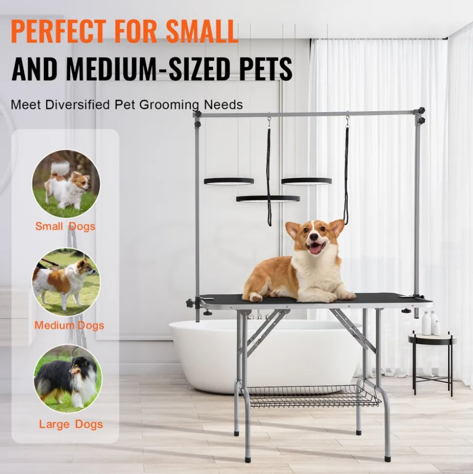 VEVOR Pet Grooming Table Two Arms with Clamp, 46'' Dog Grooming Station, Foldable Pets Grooming Stand for Medium and Small Dogs, Free No Sit Haunch Holder with Grooming Loop, Bearing 330lbs