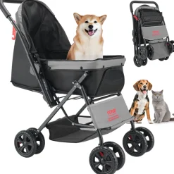 VEVOR Pet Stroller, 44 lbs Weight Capacity, Foldable Dog Stroller Cart, 4 Wheels Cats Stroller with Mesh Windows & Revrsible Handle, Portable Pet Carrier Stroller with Brake, for Small to Medium Pets