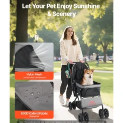 VEVOR Pet Stroller, 44 lbs Weight Capacity, Foldable Dog Stroller Cart, 4 Wheels Cats Stroller with Mesh Windows & Revrsible Handle, Portable Pet Carrier Stroller with Brake, for Small to Medium Pets