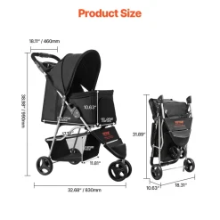VEVOR Pet Stroller, 35 lbs Weight Capacity, Foldable Dog Stroller Cart, 3 Wheels Cats Stroller with Mesh Windows and Cup Holders, Portable Pet Carrier Stroller with Brake, for Small to Medium Pets