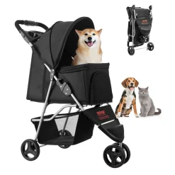 VEVOR Pet Stroller, 35 lbs Weight Capacity, Foldable Dog Stroller Cart, 3 Wheels Cats Stroller with Mesh Windows and Cup Holders, Portable Pet Carrier Stroller with Brake, for Small to Medium Pets