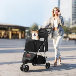 VEVOR Pet Stroller, 35 lbs Weight Capacity, Foldable Dog Stroller Cart, 3 Wheels Cats Stroller with Mesh Windows and Cup Holders, Portable Pet Carrier Stroller with Brake, for Small to Medium Pets