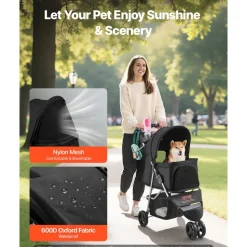 VEVOR Pet Stroller, 35 lbs Weight Capacity, Foldable Dog Stroller Cart, 3 Wheels Cats Stroller with Mesh Windows and Cup Holders, Portable Pet Carrier Stroller with Brake, for Small to Medium Pets