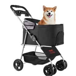 VEVOR Pet Stroller, 35 lbs Weight Capacity, Foldable Dog Stroller Cart, 4 Wheels Cats Pram with Detachable Carrier & Mesh Windows, Portable Animal Carrier with Brake for Small to Medium Pets