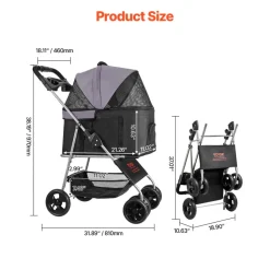 VEVOR Pet Stroller, 35 lbs Weight Capacity, Foldable Dog Stroller Cart, 4 Wheels Cats Pram with Detachable Carrier & Mesh Windows, Portable Animal Carrier with Brake for Small to Medium Pets