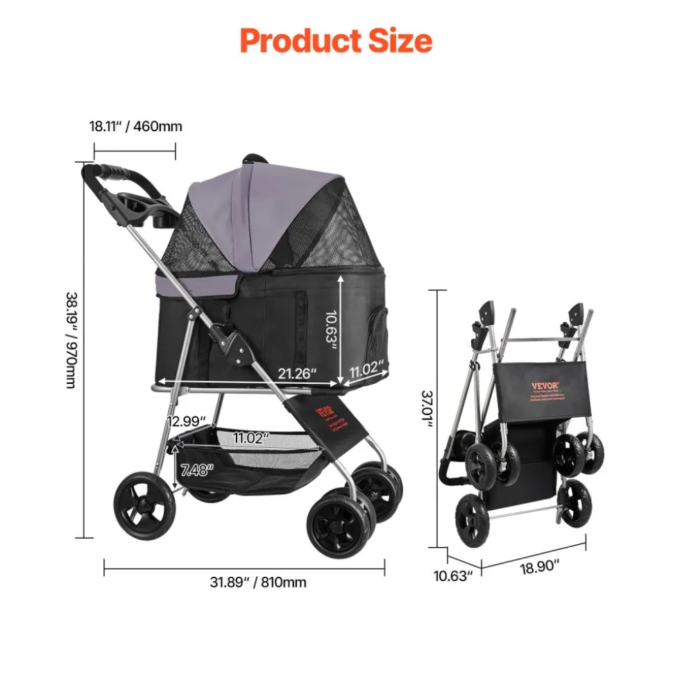 VEVOR Pet Stroller, 35 lbs Weight Capacity, Foldable Dog Stroller Cart, 4 Wheels Cats Pram with Detachable Carrier & Mesh Windows, Portable Animal Carrier with Brake for Small to Medium Pets