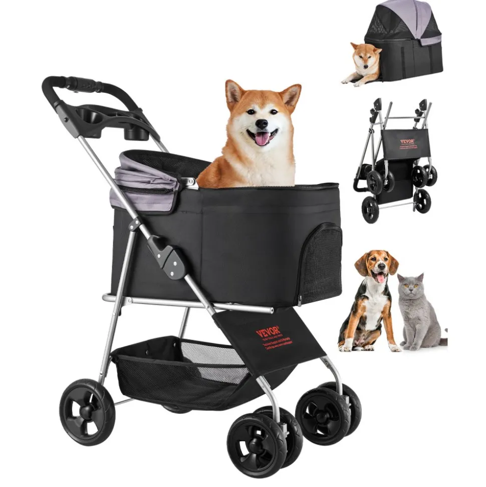 VEVOR Pet Stroller, 35 lbs Weight Capacity, Foldable Dog Stroller Cart, 4 Wheels Cats Pram with Detachable Carrier & Mesh Windows, Portable Animal Carrier with Brake for Small to Medium Pets