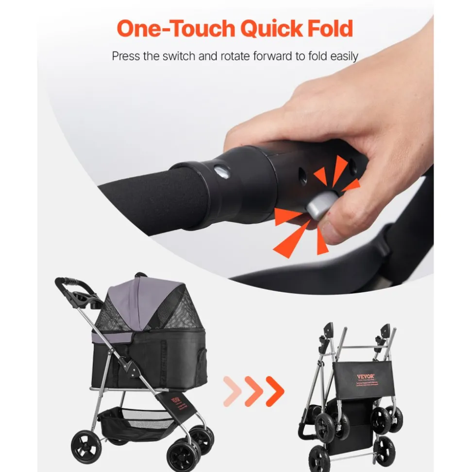 VEVOR Pet Stroller, 35 lbs Weight Capacity, Foldable Dog Stroller Cart, 4 Wheels Cats Pram with Detachable Carrier & Mesh Windows, Portable Animal Carrier with Brake for Small to Medium Pets