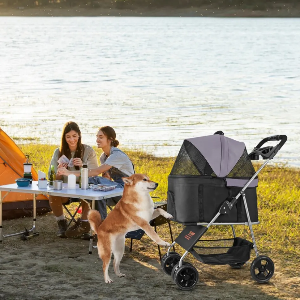 VEVOR Pet Stroller, 35 lbs Weight Capacity, Foldable Dog Stroller Cart, 4 Wheels Cats Pram with Detachable Carrier & Mesh Windows, Portable Animal Carrier with Brake for Small to Medium Pets