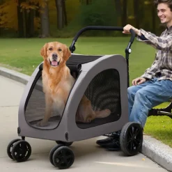 VEVOR Pet Stroller, 4 Wheels Dog Stroller with Brakes, 160lbs Weight Capacity, Portable Puppy Stroller Carrier with Breathable Mesh Windows & Height-Adjustable Height, Animal Stroller for Cats & Dogs