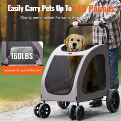 VEVOR Pet Stroller, 4 Wheels Dog Stroller with Brakes, 160lbs Weight Capacity, Portable Puppy Stroller Carrier with Breathable Mesh Windows & Height-Adjustable Height, Animal Stroller for Cats & Dogs