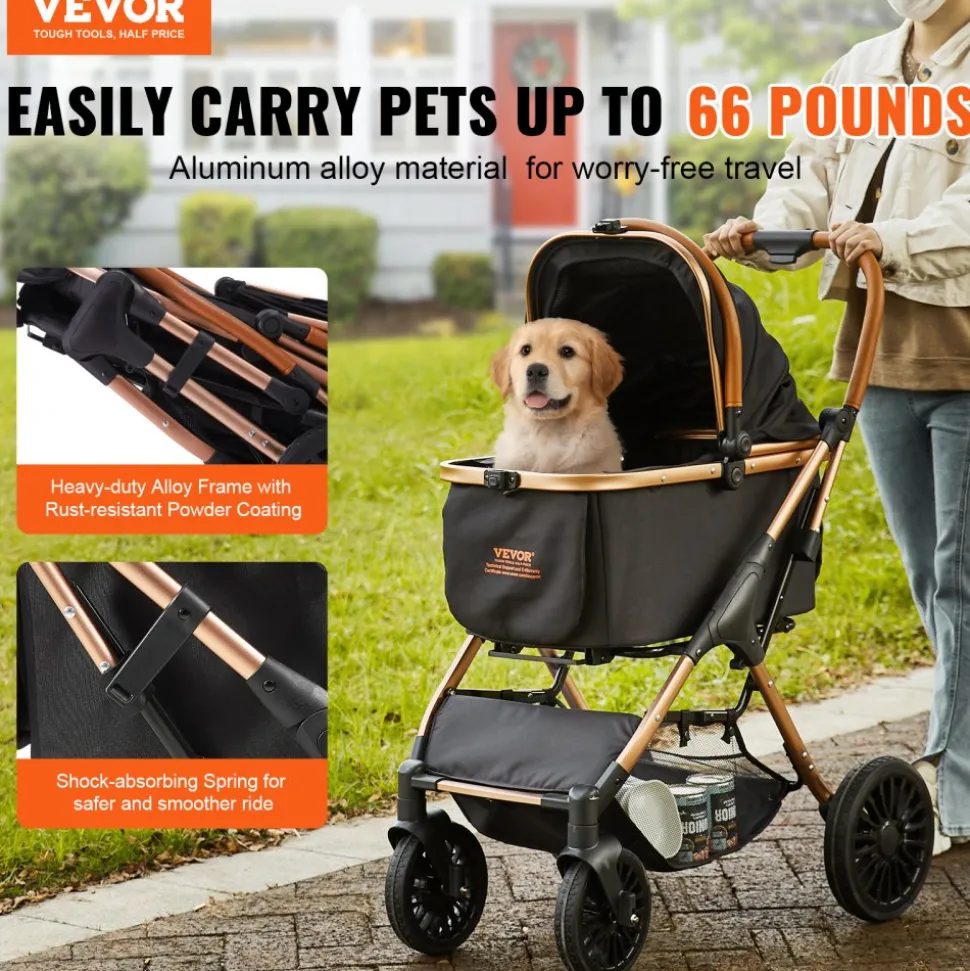 VEVOR Pet Stroller, 4 Wheels Dog Stroller Rotate with Brakes, 66 lbs Weight Capacity, Puppy Stroller with Detachable Carrier, Storage Basket and Pet Pad, for Small to Medium Sized Dogs, Black