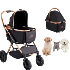 VEVOR Pet Stroller, 4 Wheels Dog Stroller Rotate with Brakes, 66 lbs Weight Capacity, Puppy Stroller with Detachable Carrier, Storage Basket and Pet Pad, for Small to Medium Sized Dogs, Black