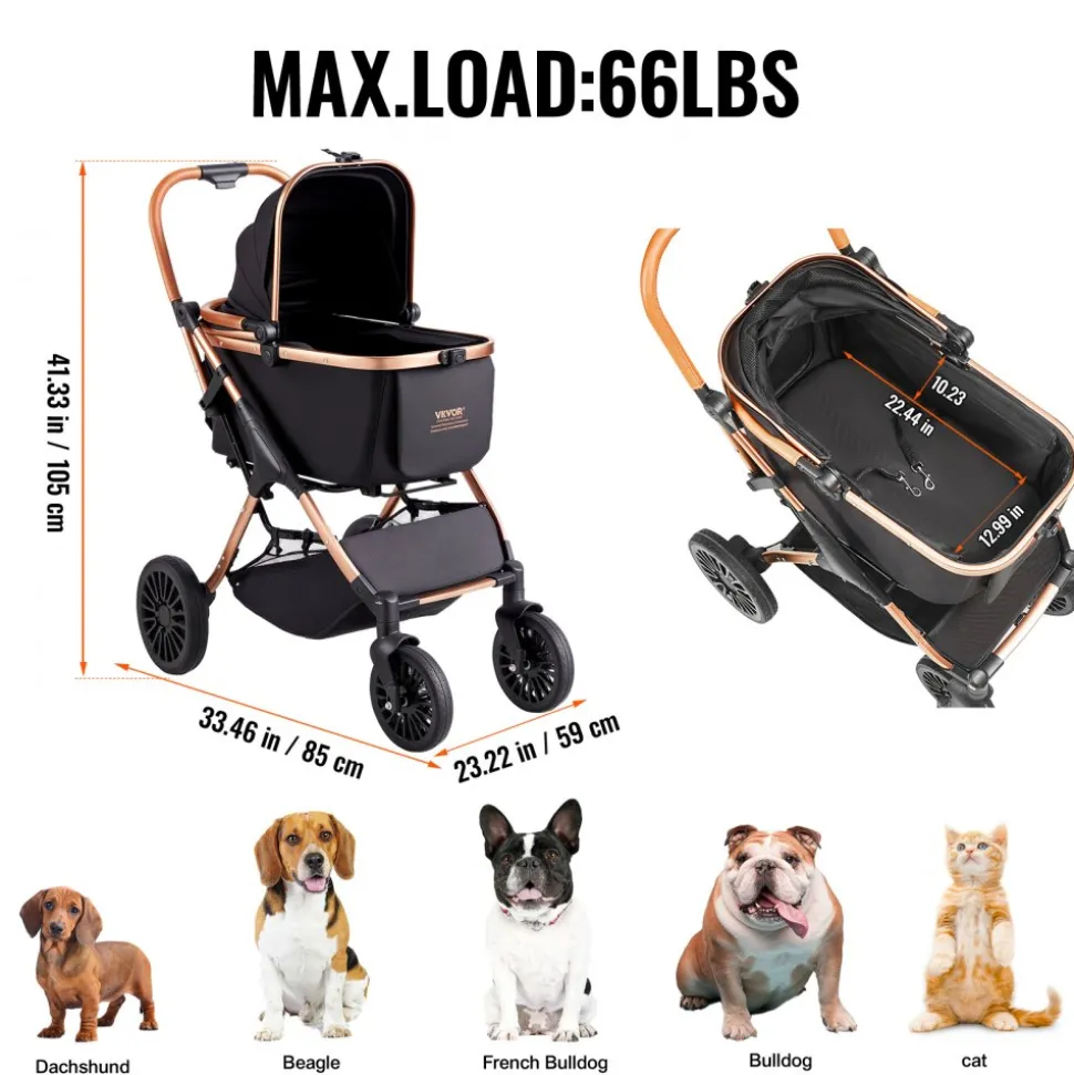 VEVOR Pet Stroller, 4 Wheels Dog Stroller Rotate with Brakes, 66 lbs Weight Capacity, Puppy Stroller with Detachable Carrier, Storage Basket and Pet Pad, for Small to Medium Sized Dogs, Black