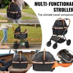 VEVOR Pet Stroller, 4 Wheels Dog Stroller Rotate with Brakes, 66 lbs Weight Capacity, Puppy Stroller with Detachable Carrier, Storage Basket and Pet Pad, for Small to Medium Sized Dogs, Black