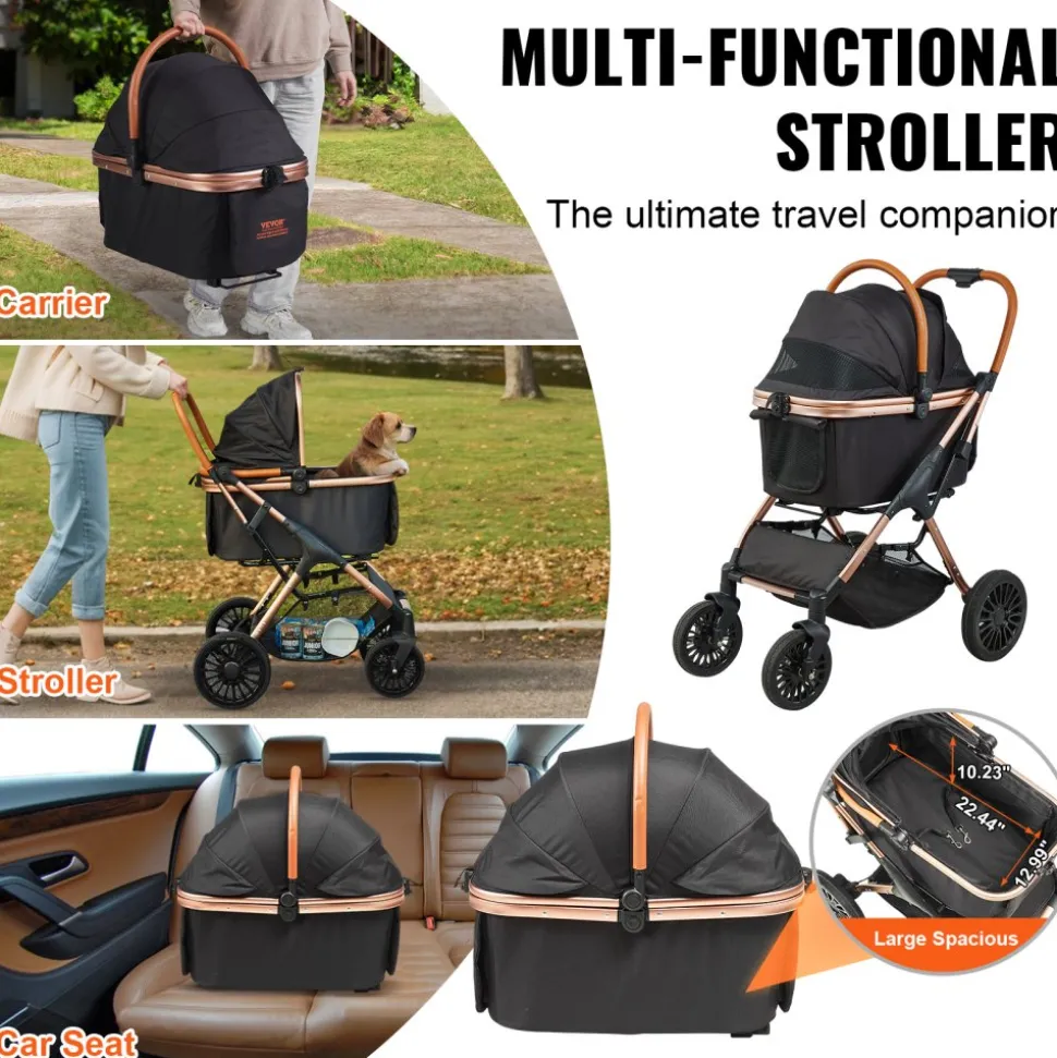 VEVOR Pet Stroller, 4 Wheels Dog Stroller Rotate with Brakes, 66 lbs Weight Capacity, Puppy Stroller with Detachable Carrier, Storage Basket and Pet Pad, for Small to Medium Sized Dogs, Black